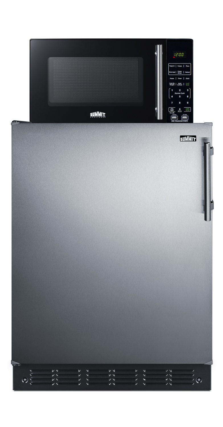 Counter height all-refrigerator with stainless steel door and compact microwave in black with allocator and USB ports for 1-plug operation; ships in three boxes on one pallet